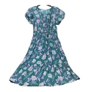 Angels Floral Midi Dress Women's M Turquoise Short Puff Sleeve Smocked Waist NWT